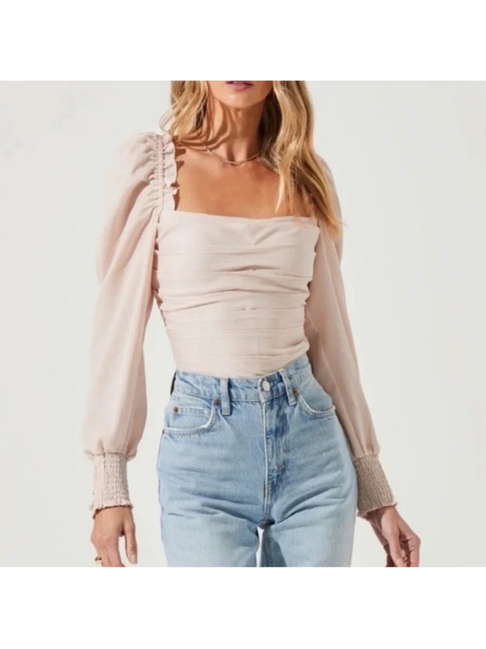 Astr Ruched Square Neck Blouson Sleeve Top - Blush Pink